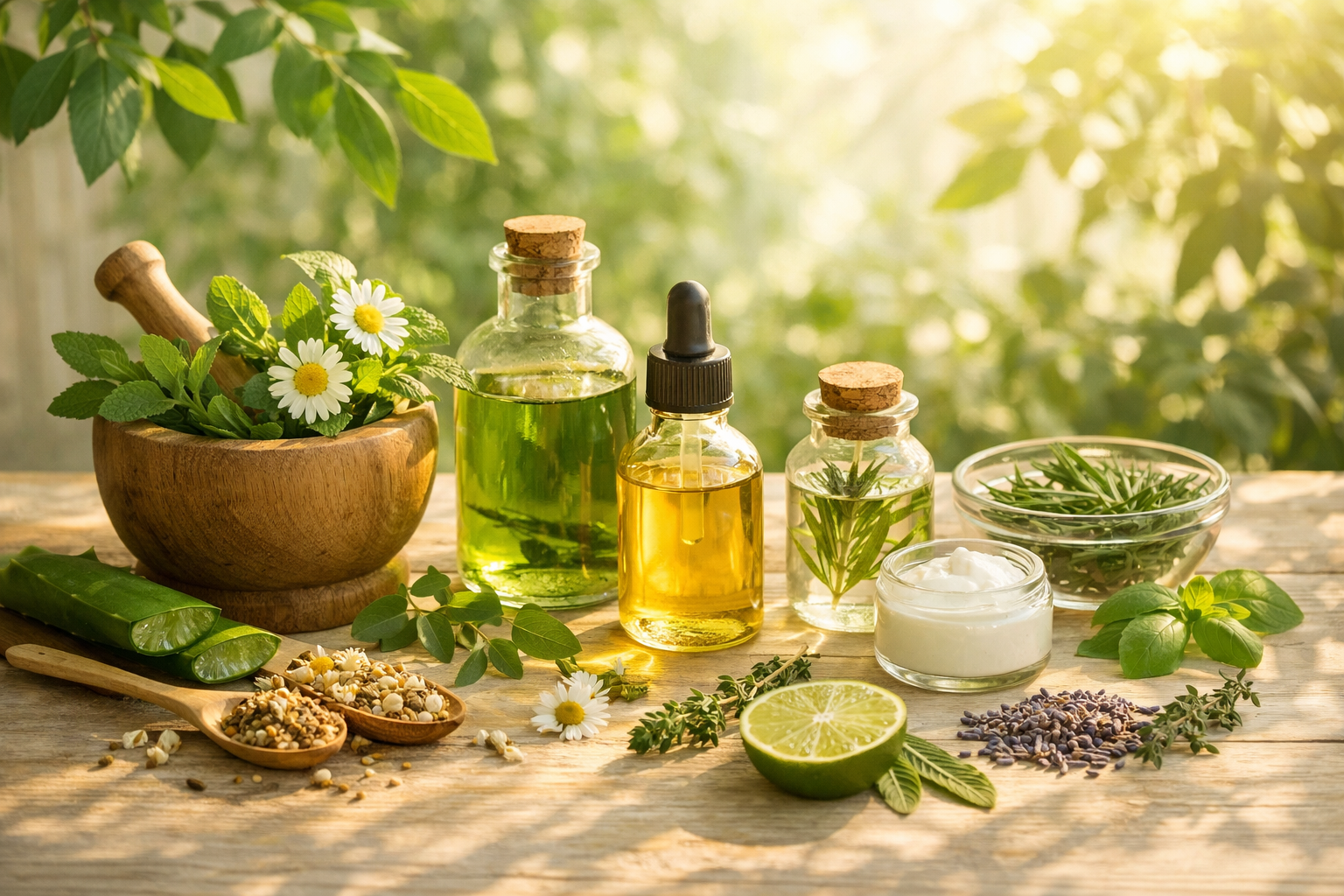 Natural herbal ingredients arranged on a light wooden surface with fresh green leaves, botanical extracts in glass bottles, and morning sunlight creating a calm wellness atmosphere